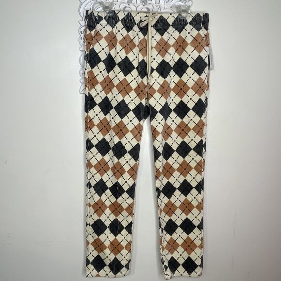 PACSUN size Slim MEDIUM Argyle Pattern Corduroy PANTS Elastic Waist TAN GRAY - Picture 2 of 16